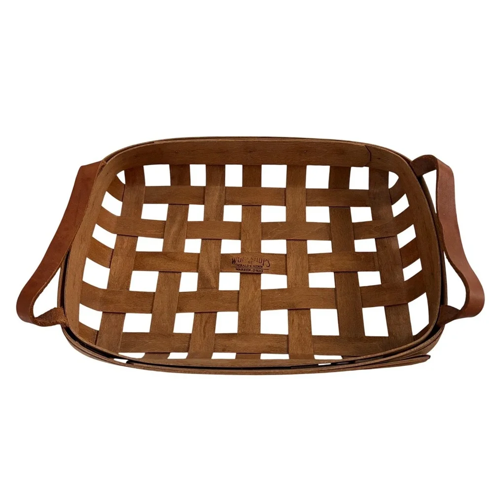 Workshops of Gerald E Henn Woven Wood Basket Leather Handles Rectangular Tray